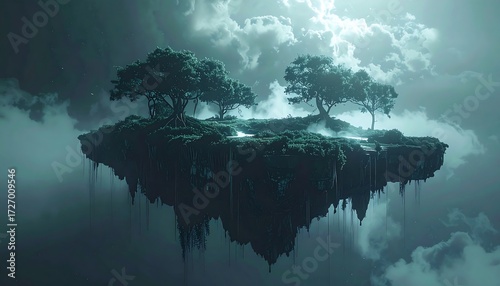 A surreal digital art piece depicting a floating island with trees, enveloped by a mystical atmosphere of clouds and light