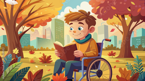 A very beautiful close up portrait of young boy sitting in wheelchair and reading book, smiling gently on warm autumn day, city park glowing with sunlight, colorful leaves falling around.