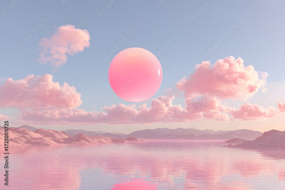 Fototapeta premium Pink orb floating over pastel landscape pastel clouds