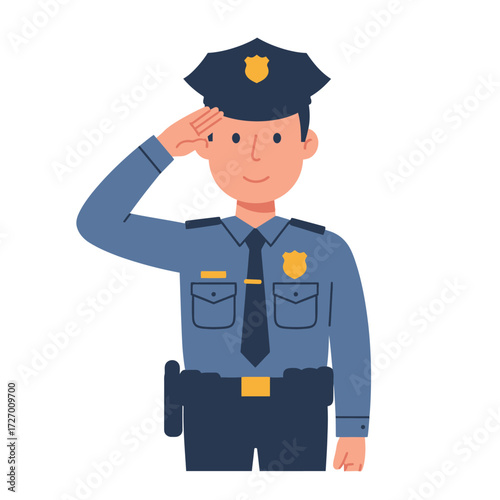 A male police officer in uniform salutes with his right hand.