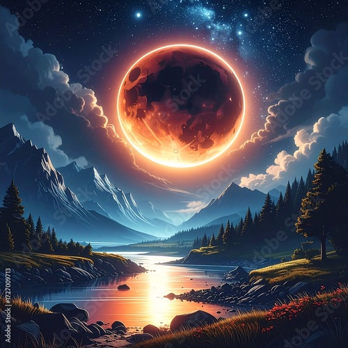 Lunar eclipse over tranquil valley