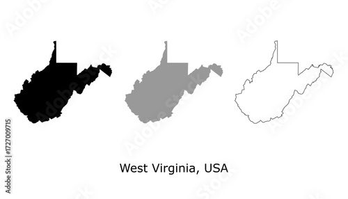 West Virginia map set. West Virginia USA map vector. West Virginia silhouette, gray, and outline map on white background	