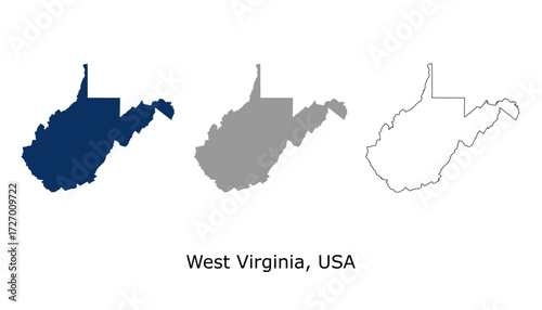 West Virginia map set. West Virginia USA map vector. West Virginia navy, gray, and outline map on white background	
