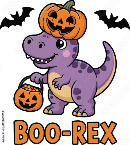 Cute cartoon dinosaur wearing a pumpkin hat and holding a candy bucket for halloween