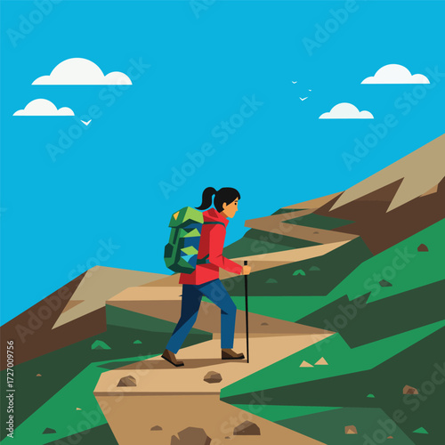 A person with a backpack hiking up a winding mountain path with green hills and a blue sky.