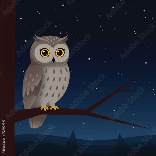 Cartoon owl perched on a branch at night under a starry sky.