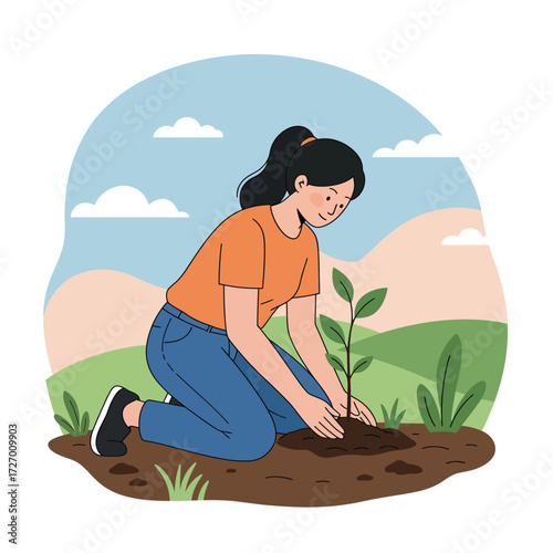 A woman kneels to plant a seedling in the soil, promoting environmental conservation and gardening.