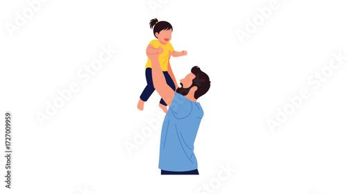 Father joyfully lifts his young daughter into the air, sharing a playful moment