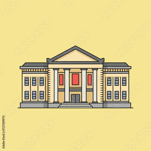 Vector illustration of a classical architecture building with columns. Flat design icon of a museum, courthouse, or university on a yellow background