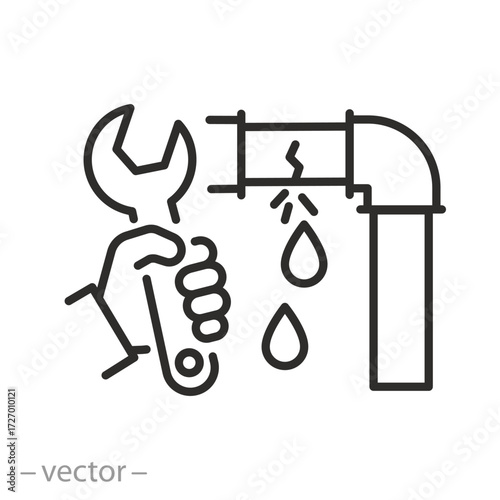 plumbing repair icon, water supply disconnected, pipe leak repair, plumbing service, thin line symbol on white background - editable stroke vector illustration eps10