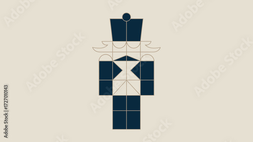 A geometric nutcracker figure with a hat and a body made of squares and triangles on a beige background