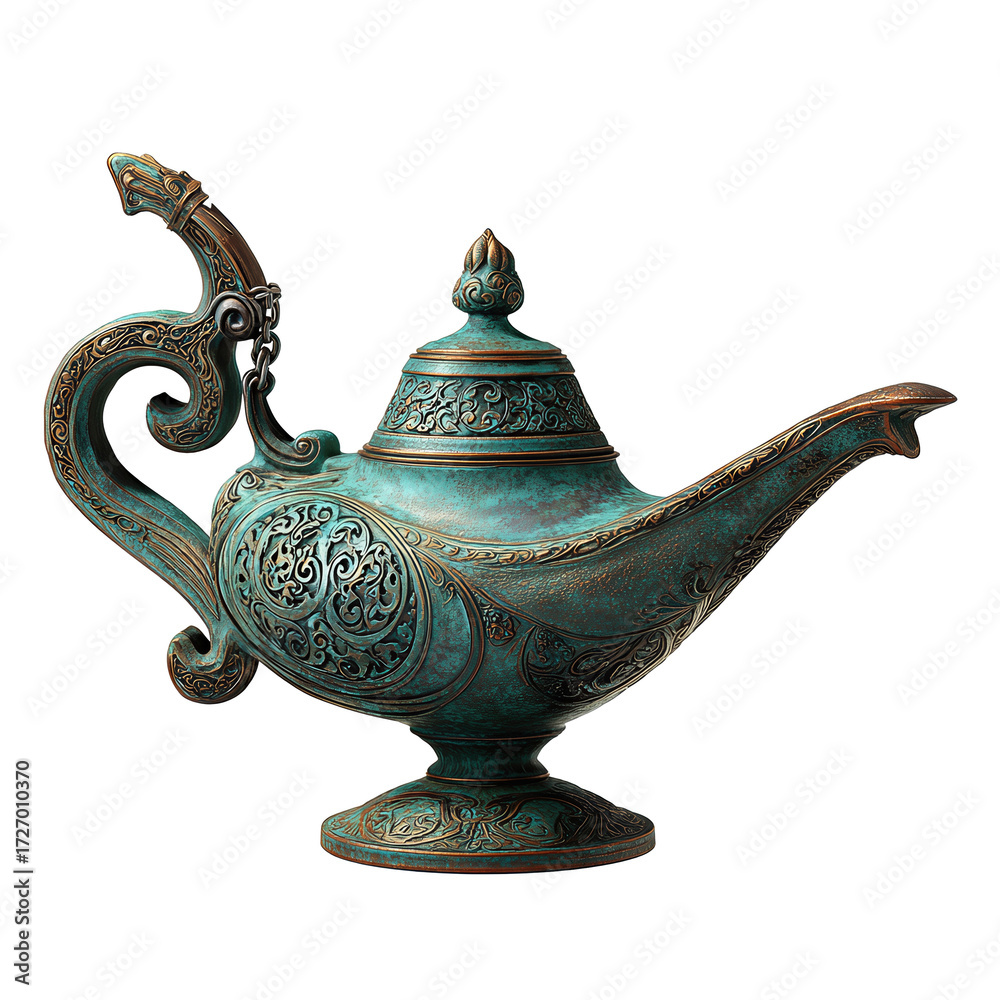 Fototapeta premium Genie lamp in patinated bronze with ornate filigree lid and curled handle, isolated on transparent background.