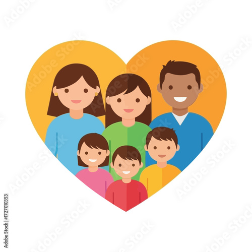 Happy family portrait inside a heart shape, showing love and togetherness