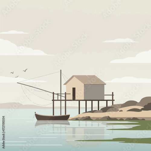 Serene coastal scene with a traditional fishing hut on stilts, a small boat, and a large fishing net over calm water under a soft sky.