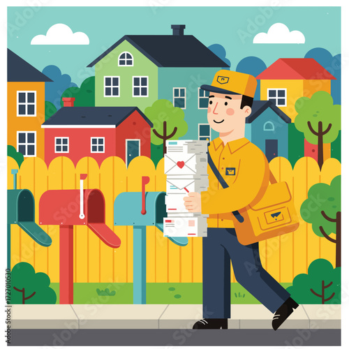 A mail carrier delivers letters and packages on a sunny day in a residential neighborhood.
