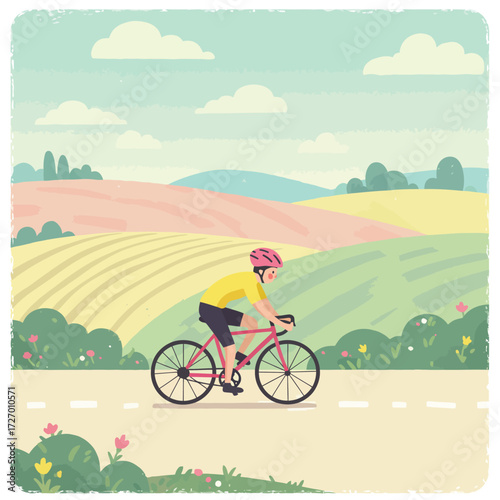 A person cycles through a picturesque countryside with rolling hills and fields under a cloudy sky.