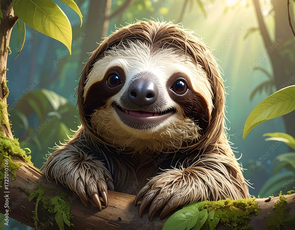 Fototapeta premium Happy sloth in a lush jungle