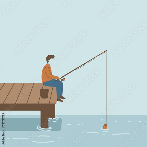 A minimalist illustration of a person fishing from a wooden pier over calm blue water, enjoying a peaceful outdoor hobby.