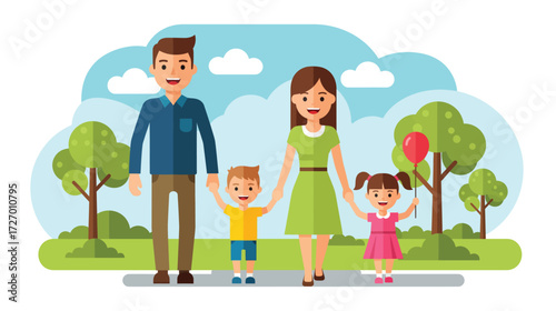 Happy family with two children walking together
