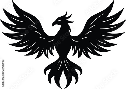 Black silhouette of phoenix with wide wings, flame-like tail feathers, crest, and detailed plumage symbolizing rebirth and immortality