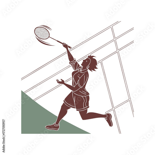 Energetic Female Tennis Player Lunging and Swinging Racket on Court - Stylized Silhouette Illustration