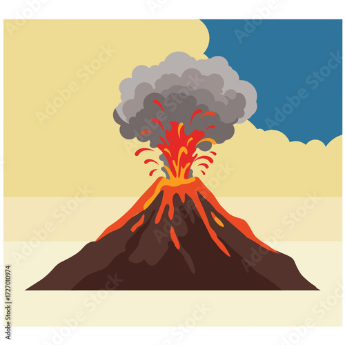 Illustration of a volcanic eruption, showing lava flow, smoke, and ash billowing into the sky.