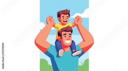 Happy father carrying his son on shoulders, enjoying outdoor time together