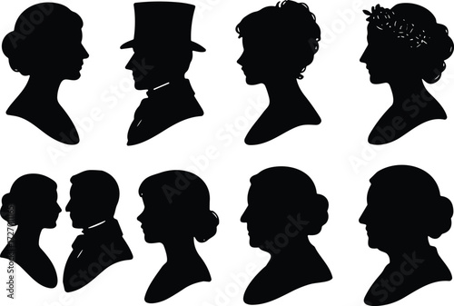 Black silhouette set of historical profile portraits featuring men and women with vintage hairstyles and headwear in classical style
