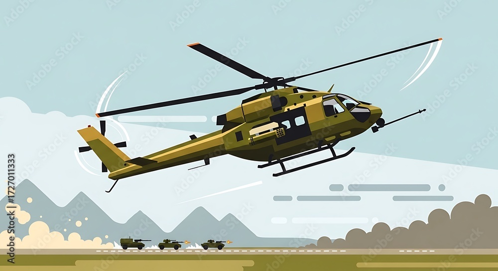 Fototapeta premium Military Helicopter in Flight Over a Landscape.