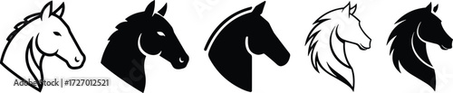 Stylized horse head silhouette set featuring five artistic variations in black and white with dynamic mane and elegant profiles