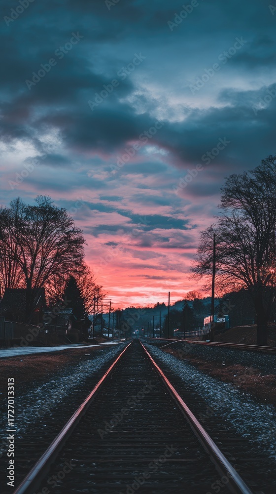 Fototapeta premium A tranquil railway track stretches into a dramatic sunset, framed by silhouetted trees and a quiet town.