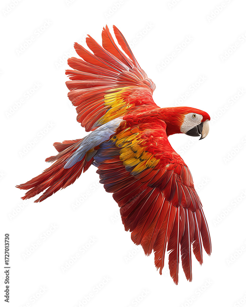 Obraz premium Scarlet macaw mid-flap with wings spread and vivid red body, isolated on transparent background. 