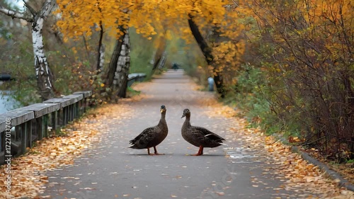 Two Ducks Meeting on an Autumn Path Surrounded by Golden Foliage and Trees