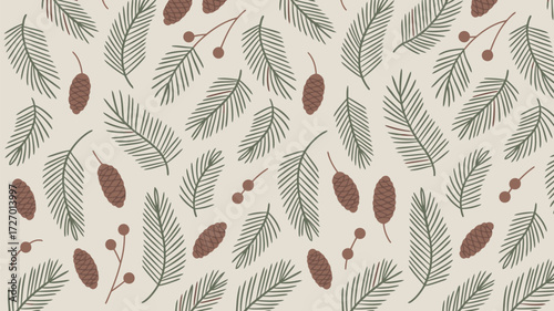 A repeating pattern of pine needles cones and berries on a light background creating a winter theme design