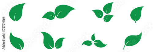 Green isolated leaf icon set on white page.  Vector isolated leaf icons on white background.  Nature leaf icon set on white page. EPS 10.  Green leaf icons set on white page. Vector icon set. 