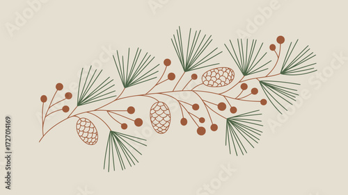 A simple illustration of a pine branch with cones and berries on a light beige background design art deco