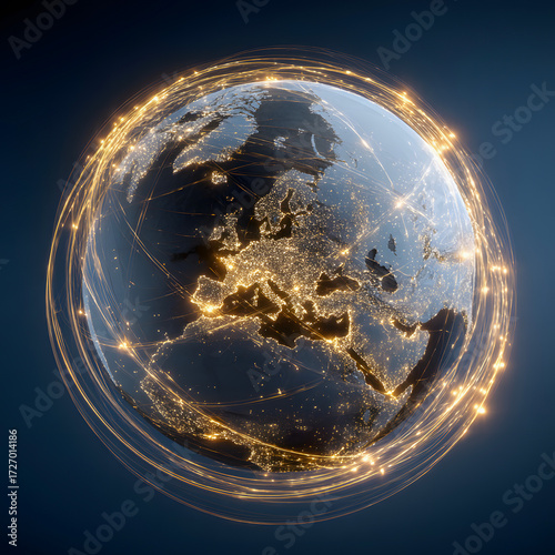 Europe glowing with vibrant light trails, connectivity and network communications