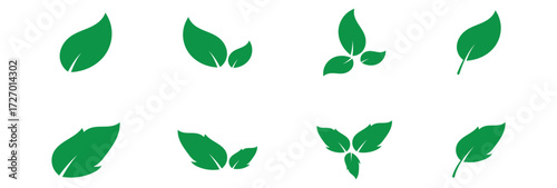 Green isolated leaf icon set on white page.  Vector isolated leaf icons on white background.  Nature leaf icon set on white page. EPS 10.  Green leaf icons set on white page. Vector icon set. 