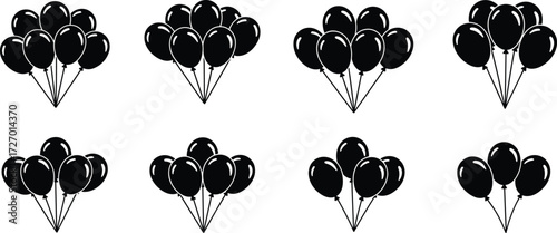 Black balloon clusters arranged in rows for counting, estimation, pattern recognition, educational visuals, minimal design, vector illustration concept.