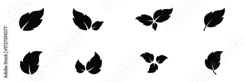 Black dark isolated leaf icon set on white page.  Vector isolated leaf icons on white background.  Nature black leaf icon set on white page. EPS 10. 