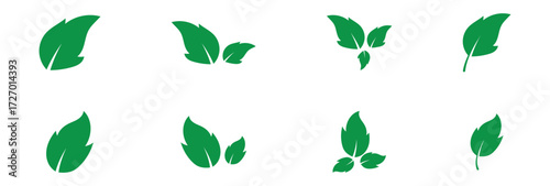 Green isolated leaf icon set on white page.  Vector isolated leaf icons on white background.  Nature leaf icon set on white page. EPS 10.  Green leaf icons set on white page. Vector icon set. 