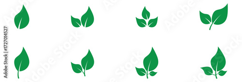 Green isolated leaf icon set on white page.  Vector isolated leaf icons on white background.  Nature leaf icon set on white page. EPS 10.  Green leaf icons set on white page. EPS 10. 