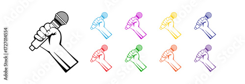 Hand holding microphone as a symbol of freedom of speech. Icon set.