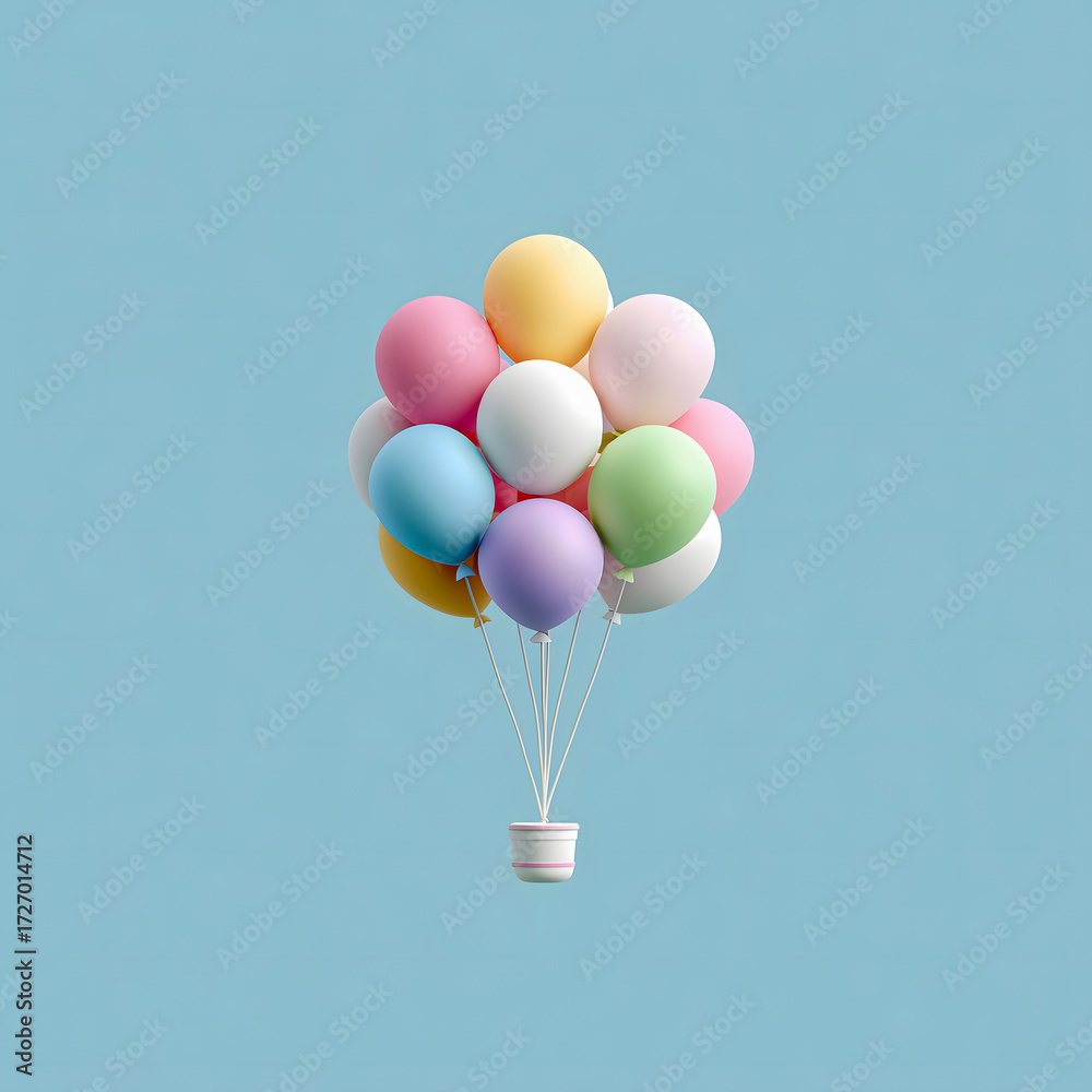 Fototapeta premium Colorful balloons floating upwards with a pot against a vibrant blue background