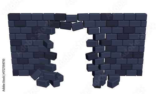 A destroyed blue brick wall features polygonal blocks of varying sizes and shapes against a white background. The abstract composition creates a unique and interesting visual texture.