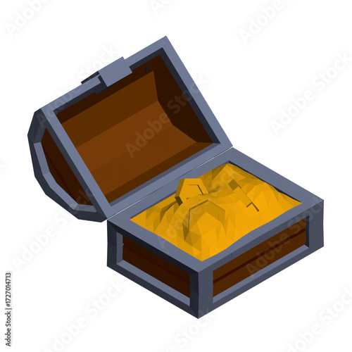 Polygonal wooden chest overflowing with gleaming gold coins, featuring a low poly art style and an open lid revealing the treasure inside.