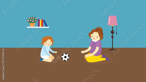 Mother and daughter sitting on the floor and playing soccer. Vector illustration