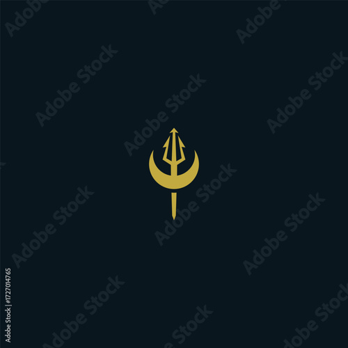 Abstract golden trident and crescent moon logo on a dark background