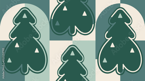 A retro christmas pattern featuring stylized trees on a checkered background with semicircle accents