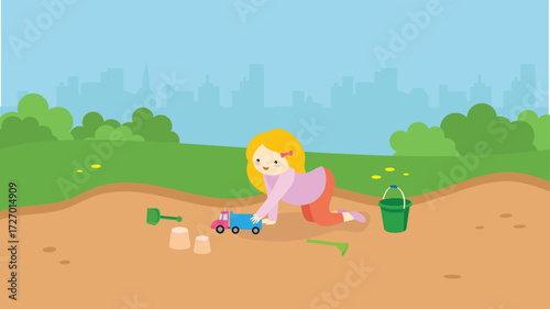 Little girl playing with toys in the park. Flat design vector illustration.